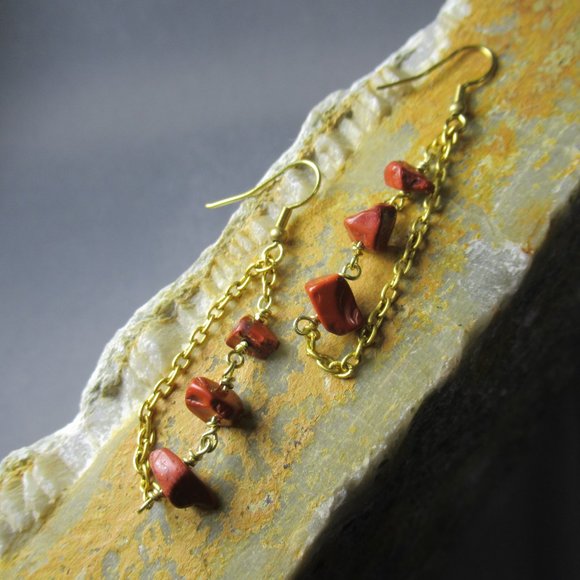 Red Jasper Rain Chain Earrings, Natural Jasper on Brass - Picture 2 of 5
